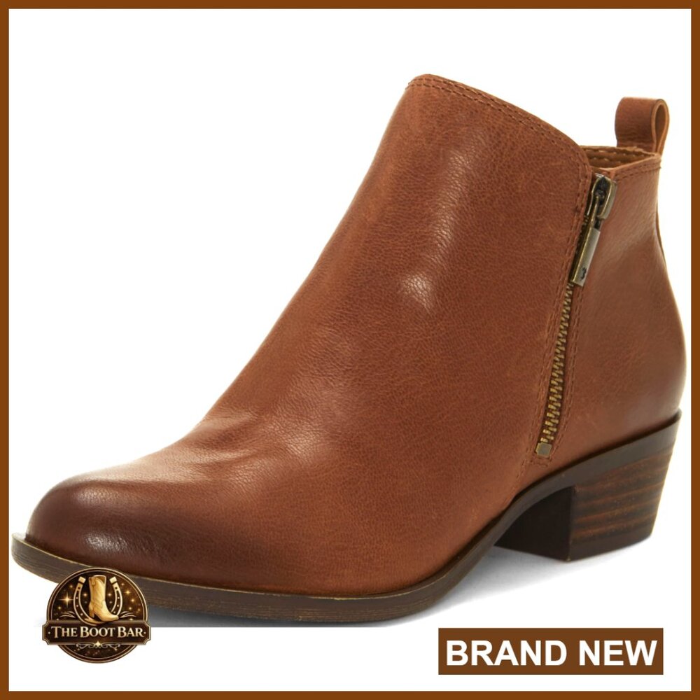 Leather Ankle Bootie with Stacked Heel and Dual Zippers